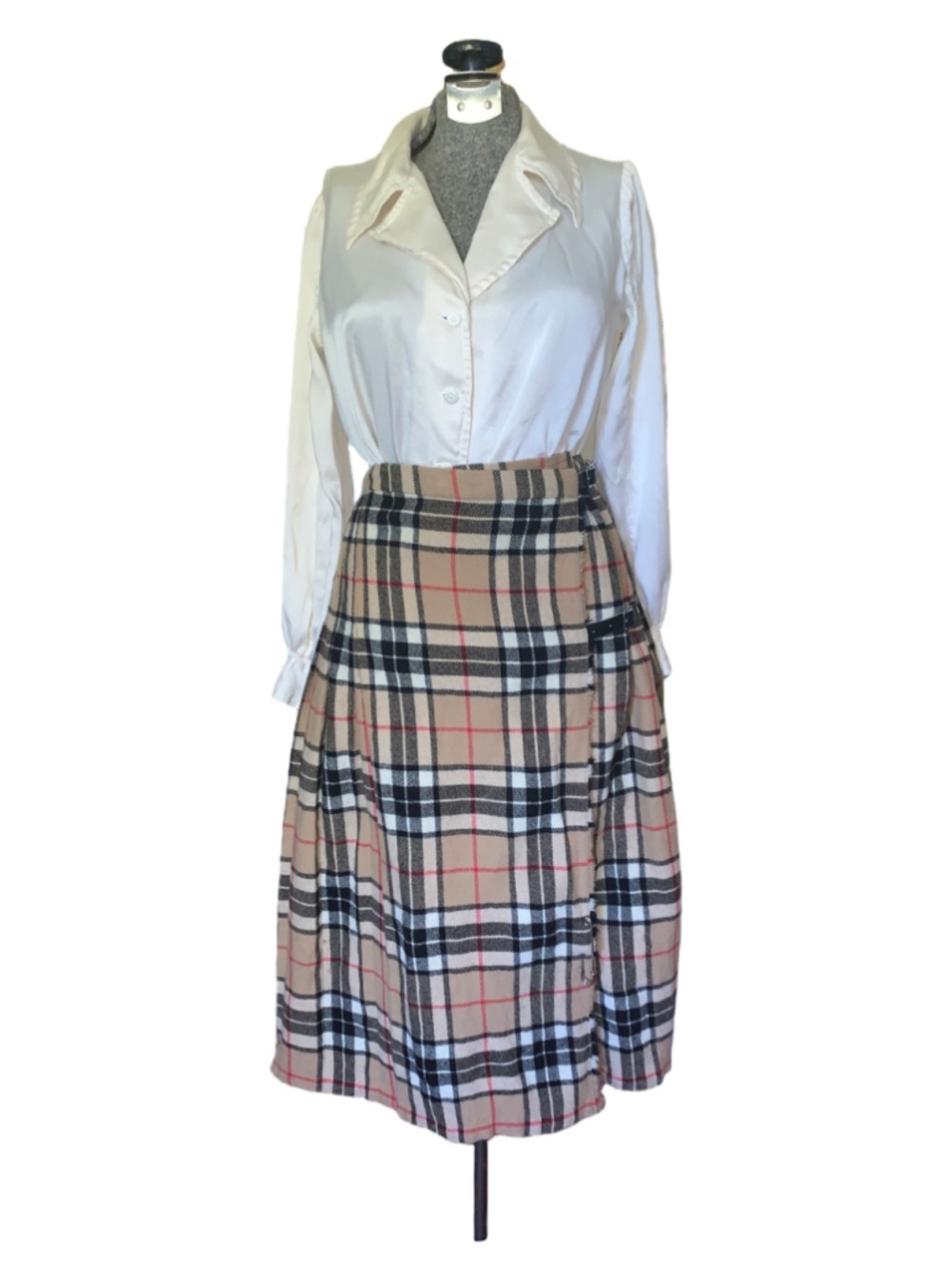 Women's Thompson camel tartan Midi Skirt kilt Size 8 Beige Black